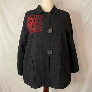 Wearable Art!  Brie Kriebel Black Jacket With Red Oriental Appliqué Size L